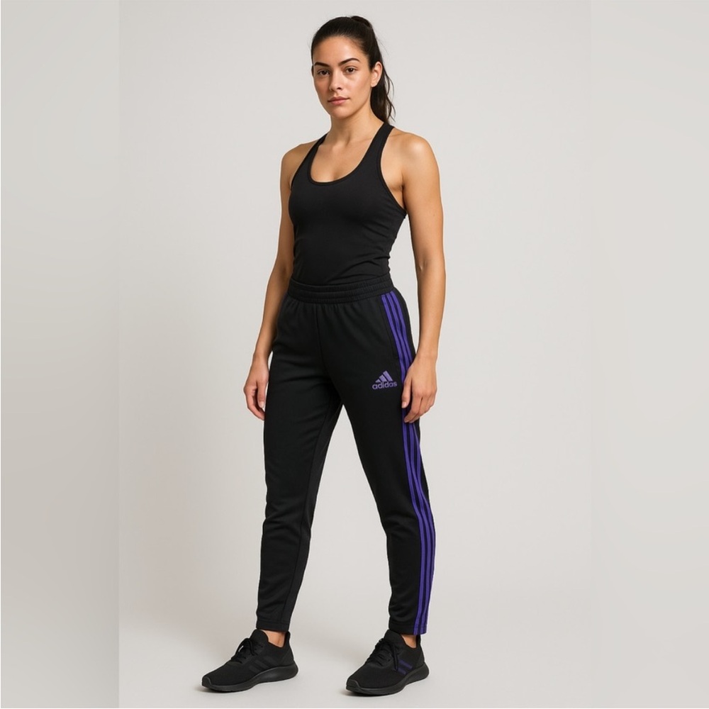 Adidas Black Joggers Purple Stripes Tiro Climacool Zipper Pockets & Zip Ankles